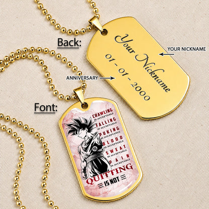 Personalized Dragon Ball Goku Dog Tag Necklace - Motivational Quote “Quitting Is Not” Stainless Steel Pendant - Anime Gift for DBZ Fans - DRDL055