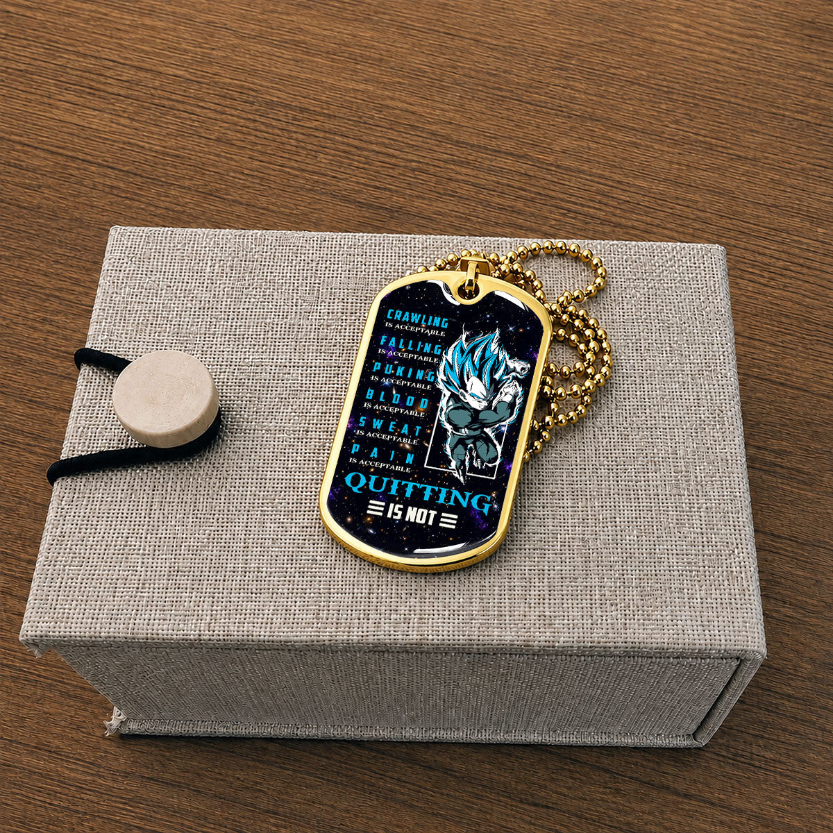 Custom Dragon Ball Super Saiyan Blue Vegeta Dog Tag Necklace - Motivational Quote “Quitting Is Not” Stainless Steel Pendant - Anime Gift for DBZ Fans - DRDL056