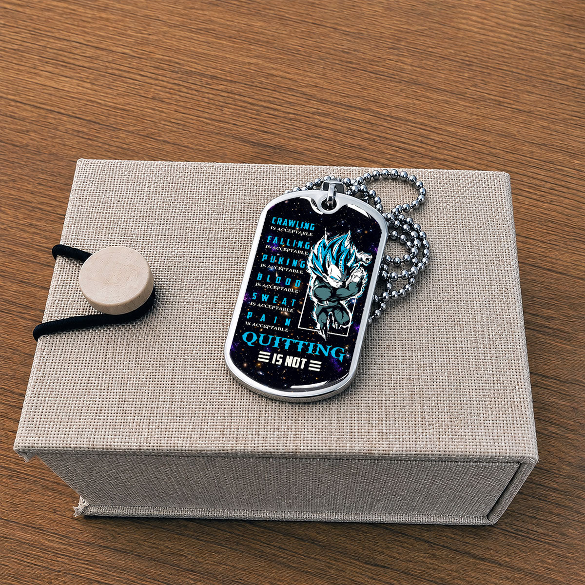 Custom Dragon Ball Super Saiyan Blue Vegeta Dog Tag Necklace - Motivational Quote “Quitting Is Not” Stainless Steel Pendant - Anime Gift for DBZ Fans - DRDL056