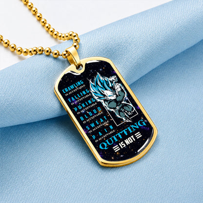 Custom Dragon Ball Super Saiyan Blue Vegeta Dog Tag Necklace - Motivational Quote “Quitting Is Not” Stainless Steel Pendant - Anime Gift for DBZ Fans - DRDL056