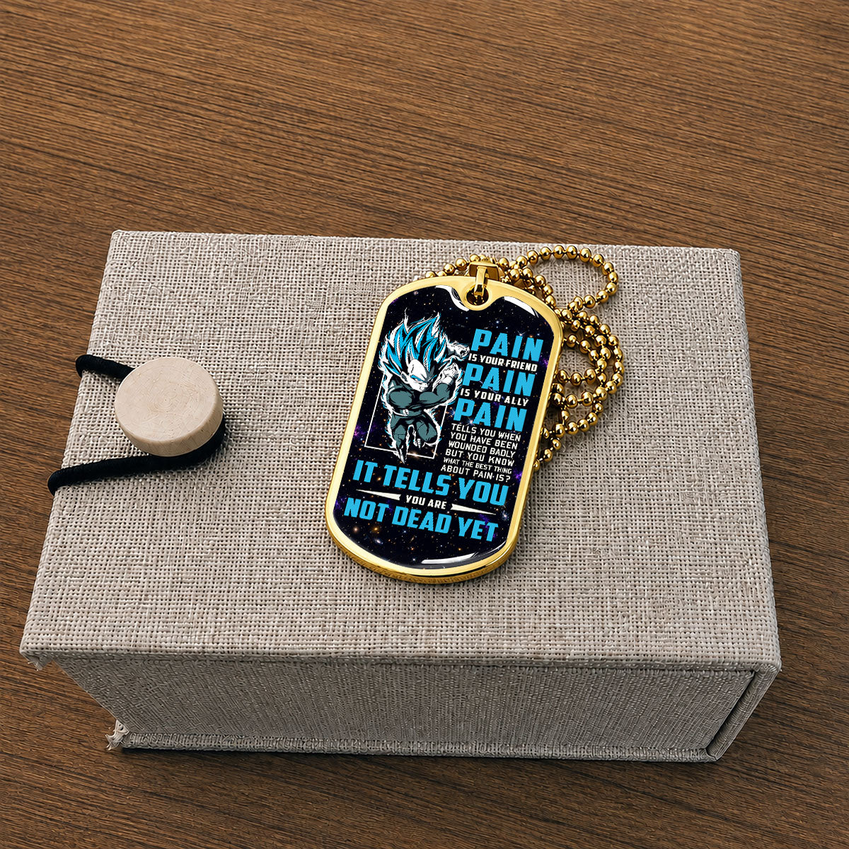 Custom Dragon Ball Saiyan Blue Vegeta Dog Tag Necklace - Motivational Quote “Pain Is Your Friend” Stainless Steel Pendant - Anime Gift for DBZ Fans - DRDL057
