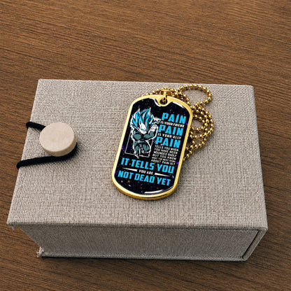 Custom Dragon Ball Saiyan Blue Vegeta Dog Tag Necklace - Motivational Quote “Pain Is Your Friend” Stainless Steel Pendant - Anime Gift for DBZ Fans - DRDL057
