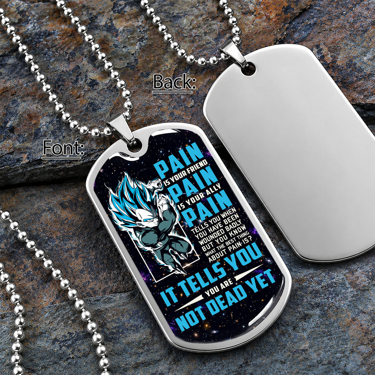 Custom Dragon Ball Saiyan Blue Vegeta Dog Tag Necklace - Motivational Quote “Pain Is Your Friend” Stainless Steel Pendant - Anime Gift for DBZ Fans - DRDL057