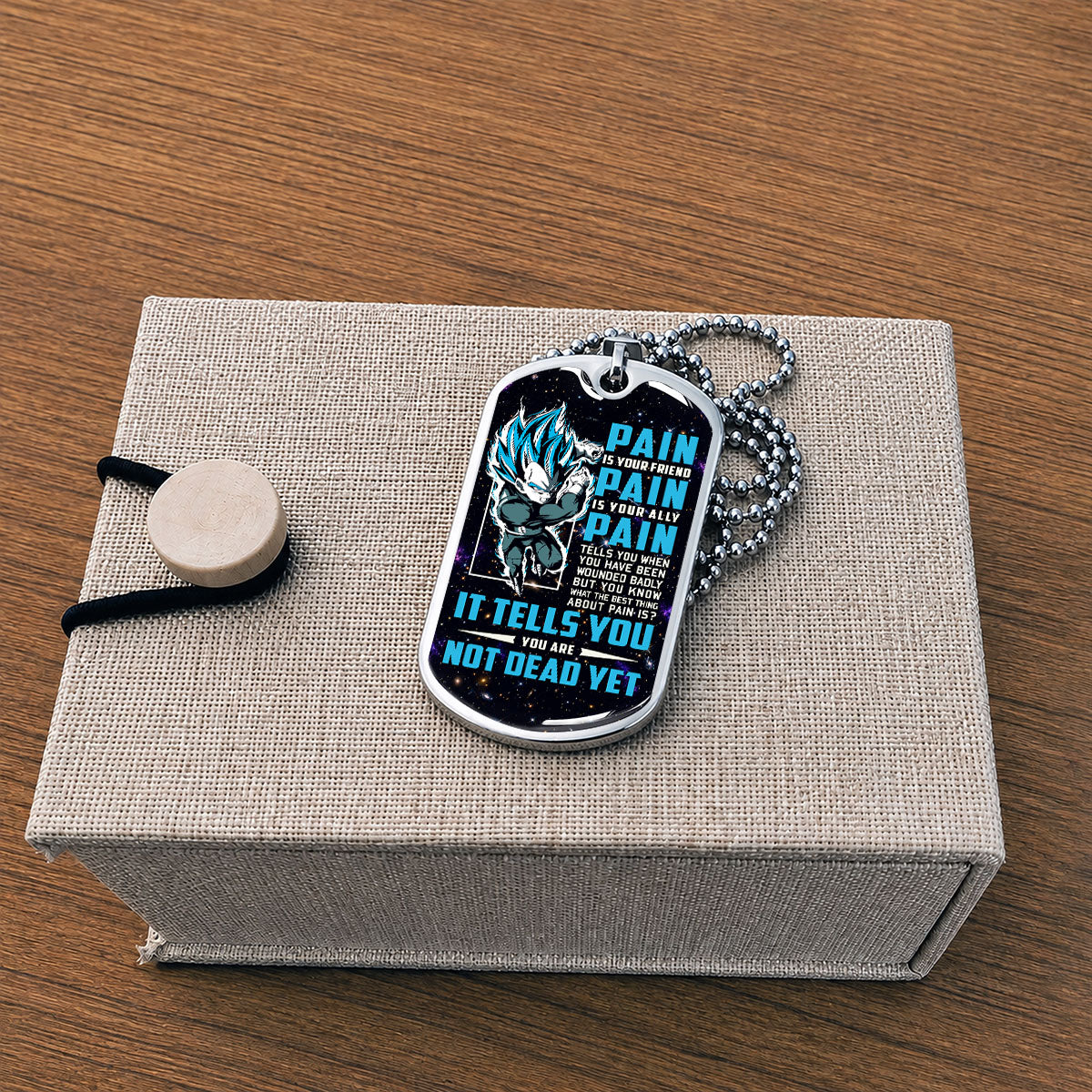 Custom Dragon Ball Saiyan Blue Vegeta Dog Tag Necklace - Motivational Quote “Pain Is Your Friend” Stainless Steel Pendant - Anime Gift for DBZ Fans - DRDL057