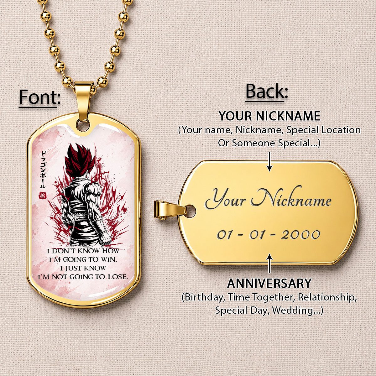 Custom Dragon Ball Saiyan God Vegito Dog Tag Necklace - Motivational Quote "I'm Not Going To Lose" Stainless Steel Pendant - Anime Gift for DBZ Fans - DRDL058