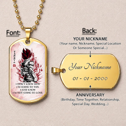Custom Dragon Ball Saiyan God Vegito Dog Tag Necklace - Motivational Quote "I'm Not Going To Lose" Stainless Steel Pendant - Anime Gift for DBZ Fans - DRDL058