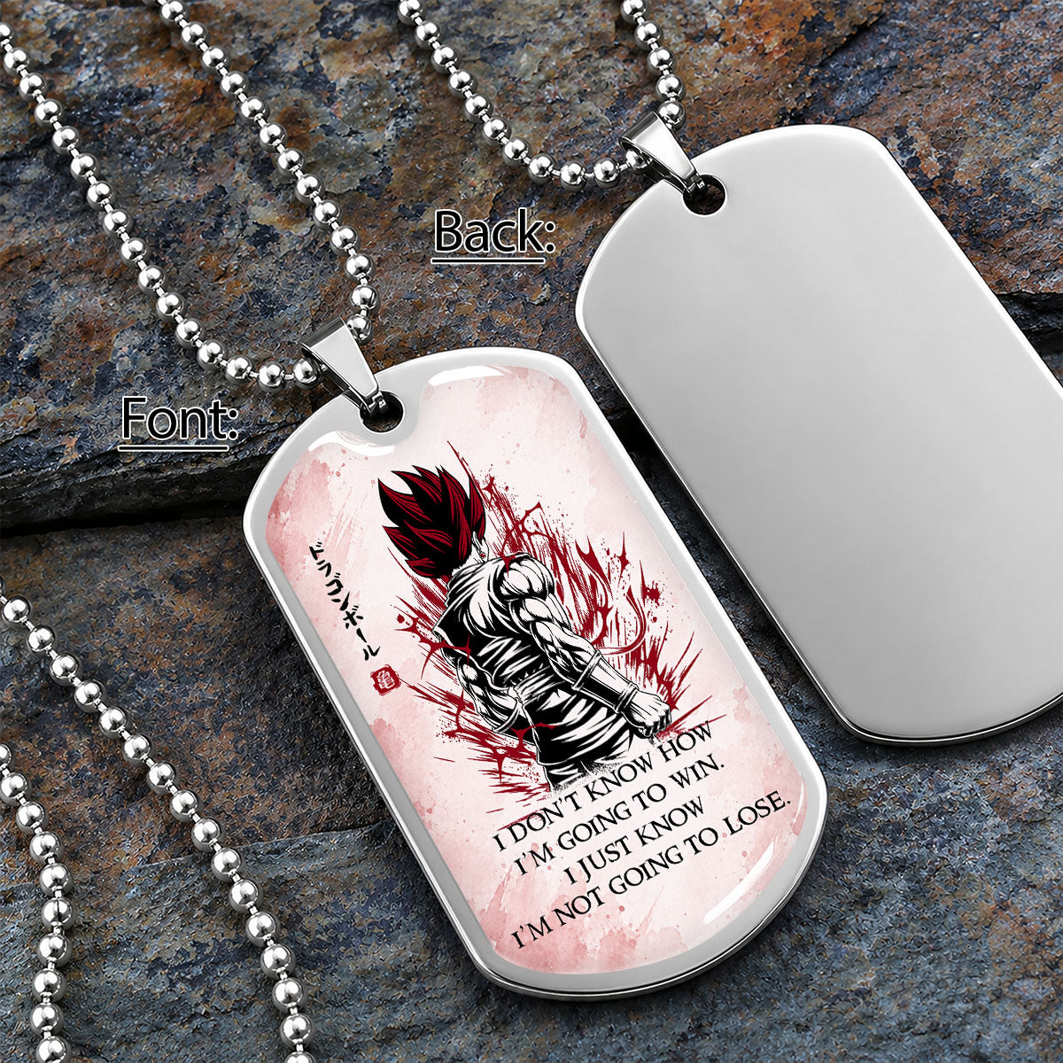 Custom Dragon Ball Saiyan God Vegito Dog Tag Necklace - Motivational Quote "I'm Not Going To Lose" Stainless Steel Pendant - Anime Gift for DBZ Fans - DRDL058