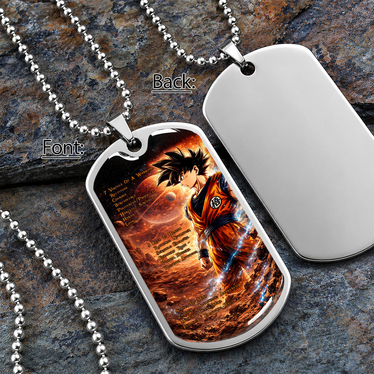 Custom Dragon Ball Goku Dog Tag Necklace - Motivational Quote “7 Virtues of a Warrior & 5 Keys to Health” Stainless Steel Pendant - Gift for DBZ Fans - DRDL080