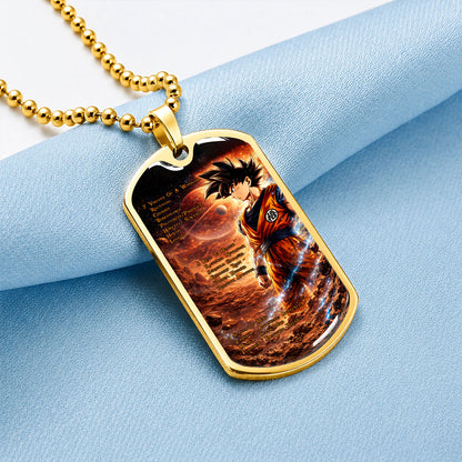 Custom Dragon Ball Goku Dog Tag Necklace - Motivational Quote “7 Virtues of a Warrior & 5 Keys to Health” Stainless Steel Pendant - Gift for DBZ Fans - DRDL080