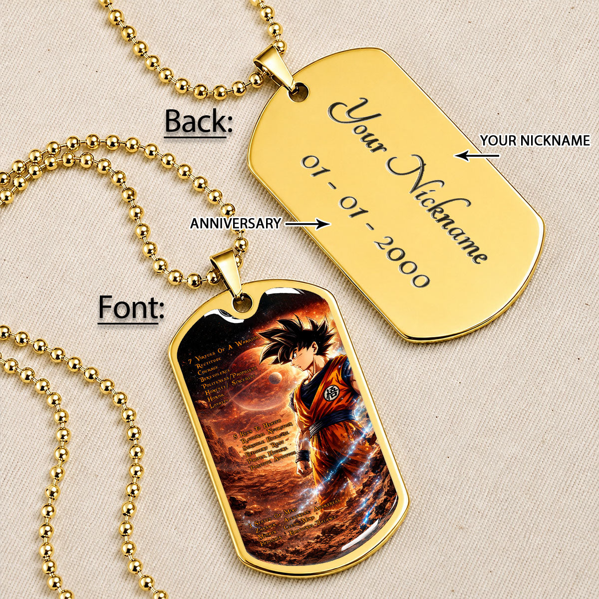 Custom Dragon Ball Goku Dog Tag Necklace - Motivational Quote “7 Virtues of a Warrior & 5 Keys to Health” Stainless Steel Pendant - Gift for DBZ Fans - DRDL080