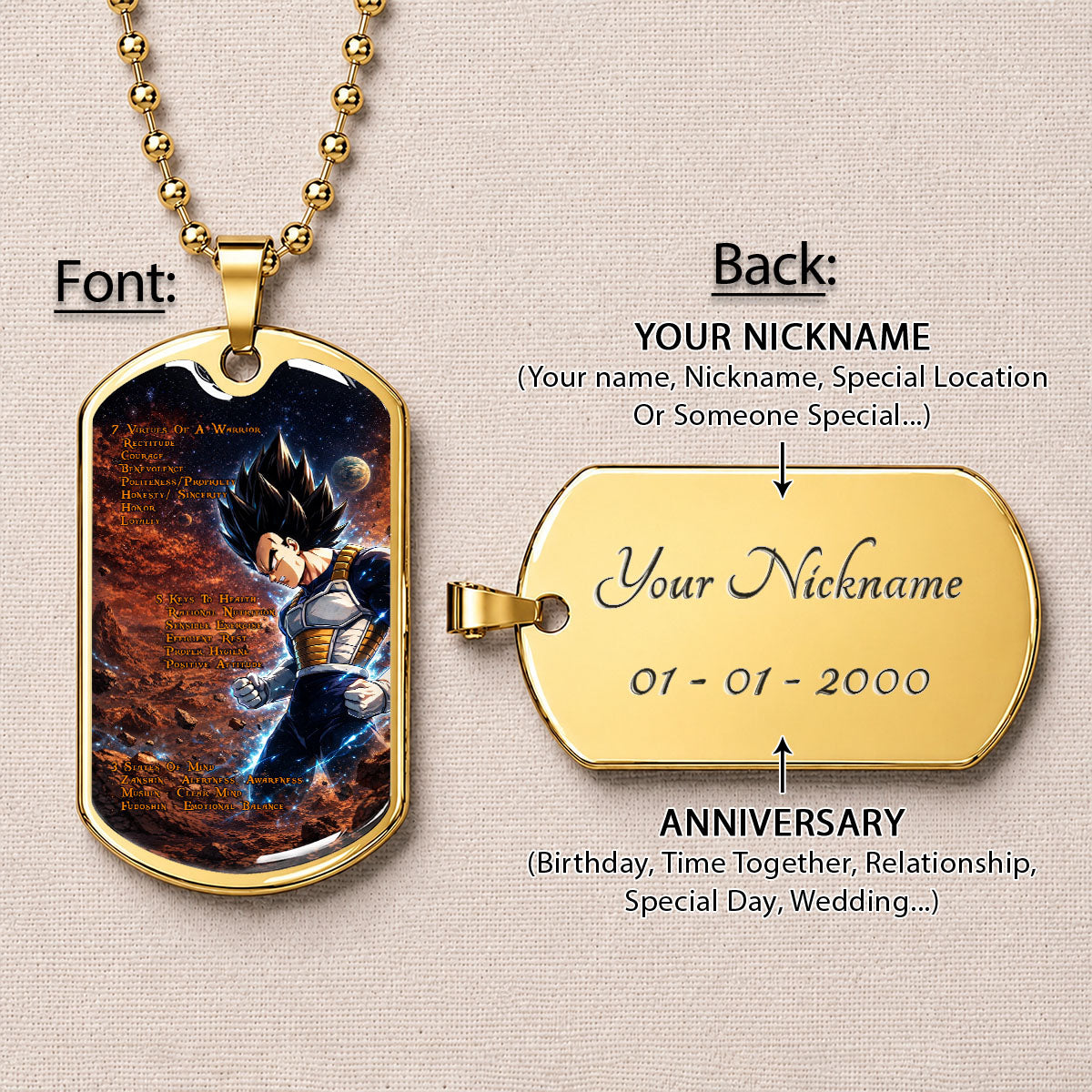 Custom Dragon Ball Vegeta Dog Tag Necklace - Motivational Quote “7 Virtues of a Warrior & 5 Keys to Health” Stainless Steel Pendant - Gift for DBZ Fans - DRDL081