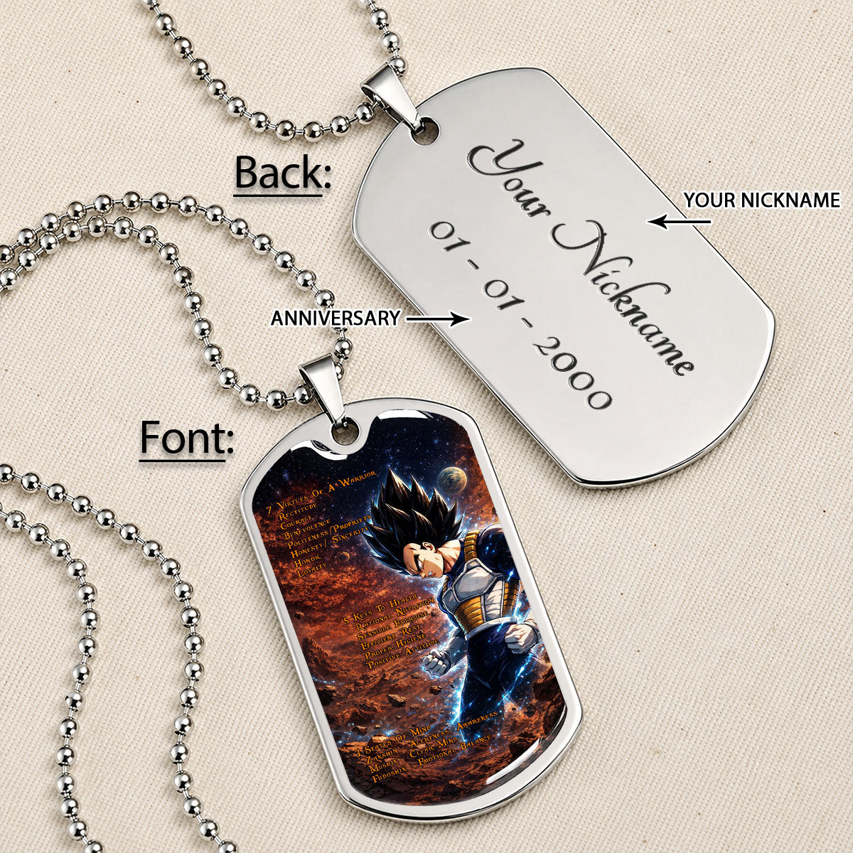 Custom Dragon Ball Vegeta Dog Tag Necklace - Motivational Quote “7 Virtues of a Warrior & 5 Keys to Health” Stainless Steel Pendant - Gift for DBZ Fans - DRDL081