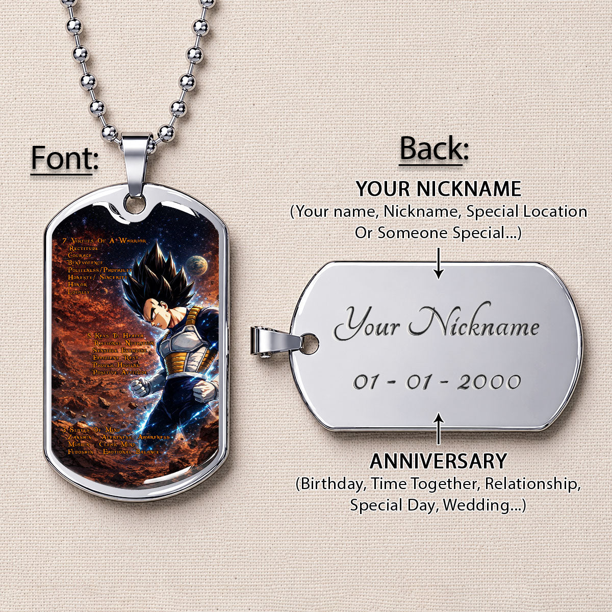 Custom Dragon Ball Vegeta Dog Tag Necklace - Motivational Quote “7 Virtues of a Warrior & 5 Keys to Health” Stainless Steel Pendant - Gift for DBZ Fans - DRDL081
