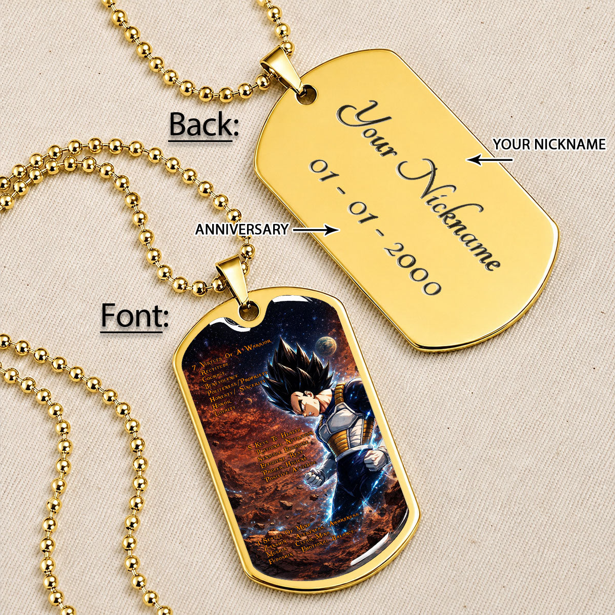 Custom Dragon Ball Vegeta Dog Tag Necklace - Motivational Quote “7 Virtues of a Warrior & 5 Keys to Health” Stainless Steel Pendant - Gift for DBZ Fans - DRDL081