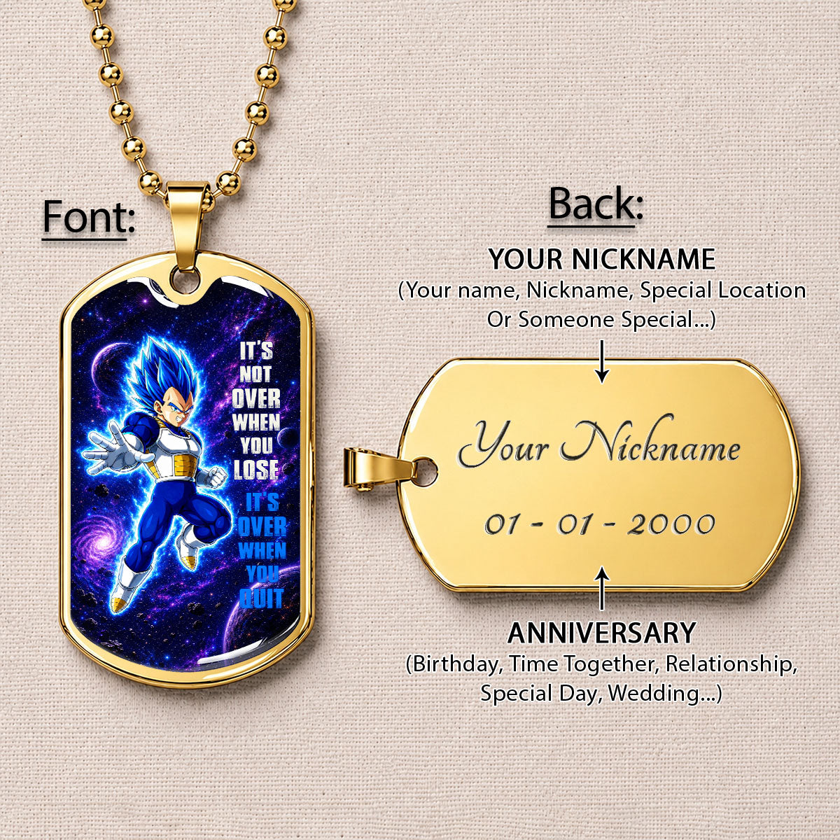 Custom Dragon Ball Saiyan Blue Vegeta Dog Tag Necklace - Motivational Quote “It's Not Over When You Lose” Stainless Steel Pendant - Gift for DBZ Fans - DRDL083