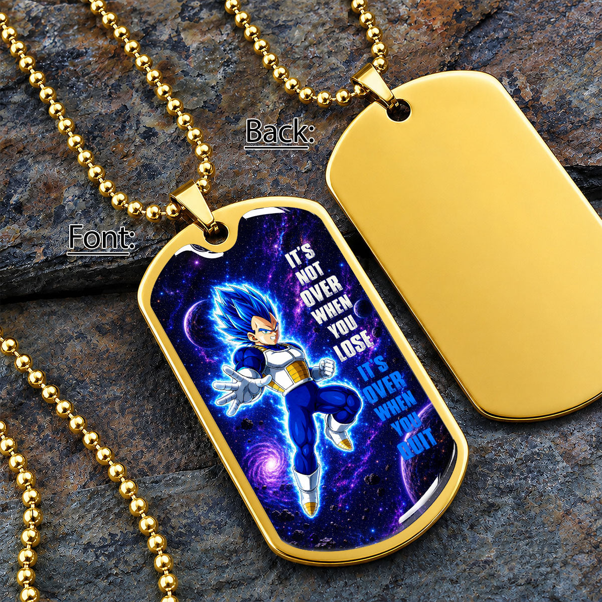 Custom Dragon Ball Saiyan Blue Vegeta Dog Tag Necklace - Motivational Quote “It's Not Over When You Lose” Stainless Steel Pendant - Gift for DBZ Fans - DRDL083