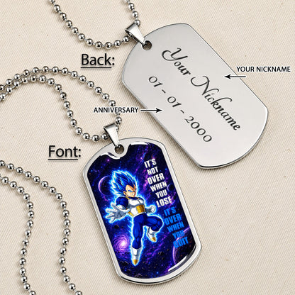 Custom Dragon Ball Saiyan Blue Vegeta Dog Tag Necklace - Motivational Quote “It's Not Over When You Lose” Stainless Steel Pendant - Gift for DBZ Fans - DRDL083
