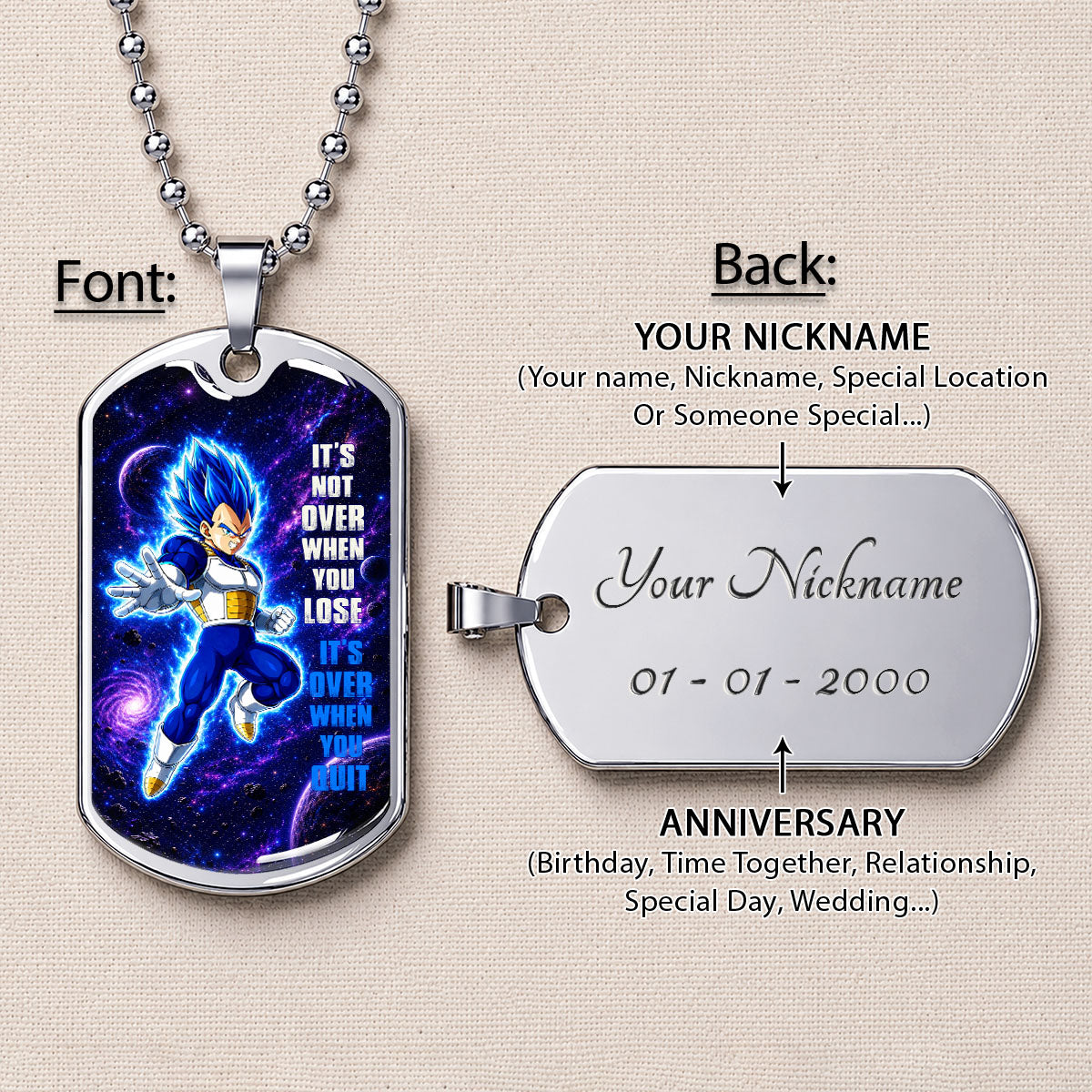 Custom Dragon Ball Saiyan Blue Vegeta Dog Tag Necklace - Motivational Quote “It's Not Over When You Lose” Stainless Steel Pendant - Gift for DBZ Fans - DRDL083