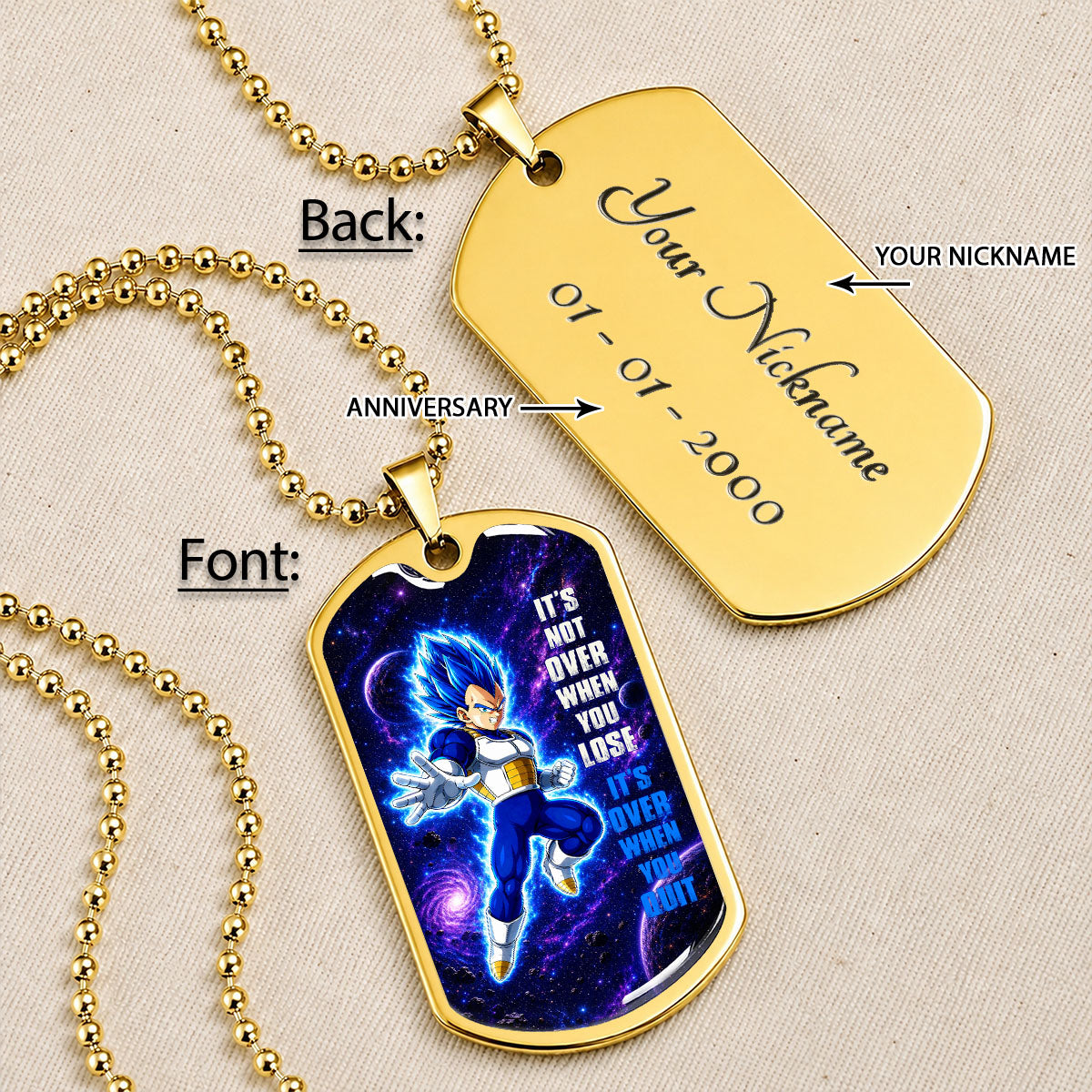 Custom Dragon Ball Saiyan Blue Vegeta Dog Tag Necklace - Motivational Quote “It's Not Over When You Lose” Stainless Steel Pendant - Gift for DBZ Fans - DRDL083