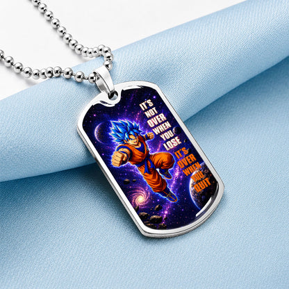 Custom Dragon Ball Saiyan Blue Vegeta Dog Tag Necklace - Motivational Quote “It's Not Over When You Lose” Stainless Steel Pendant - Gift for DBZ Fans - DRDL084