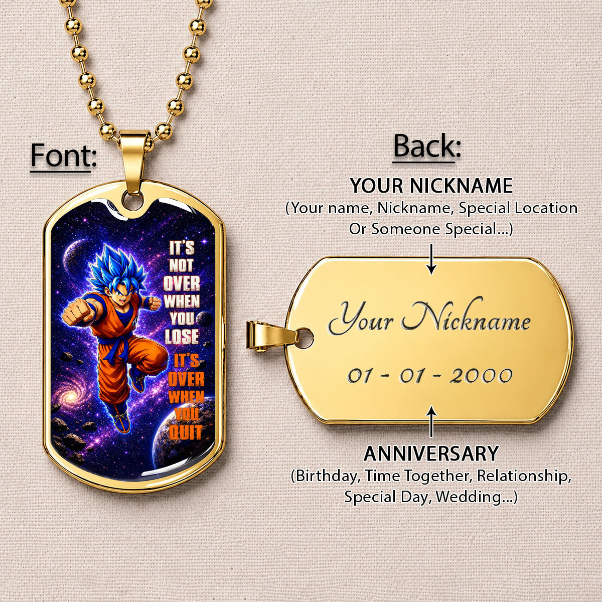 Custom Dragon Ball Saiyan Blue Vegeta Dog Tag Necklace - Motivational Quote “It's Not Over When You Lose” Stainless Steel Pendant - Gift for DBZ Fans - DRDL084