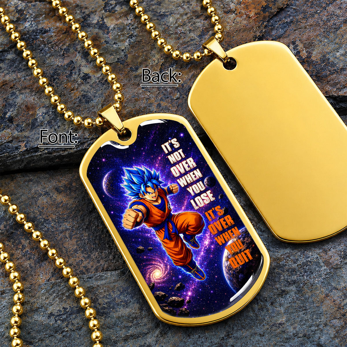 Custom Dragon Ball Saiyan Blue Vegeta Dog Tag Necklace - Motivational Quote “It's Not Over When You Lose” Stainless Steel Pendant - Gift for DBZ Fans - DRDL084