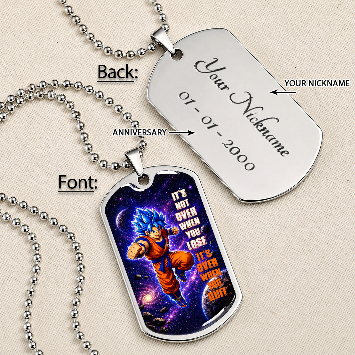 Custom Dragon Ball Saiyan Blue Vegeta Dog Tag Necklace - Motivational Quote “It's Not Over When You Lose” Stainless Steel Pendant - Gift for DBZ Fans - DRDL084