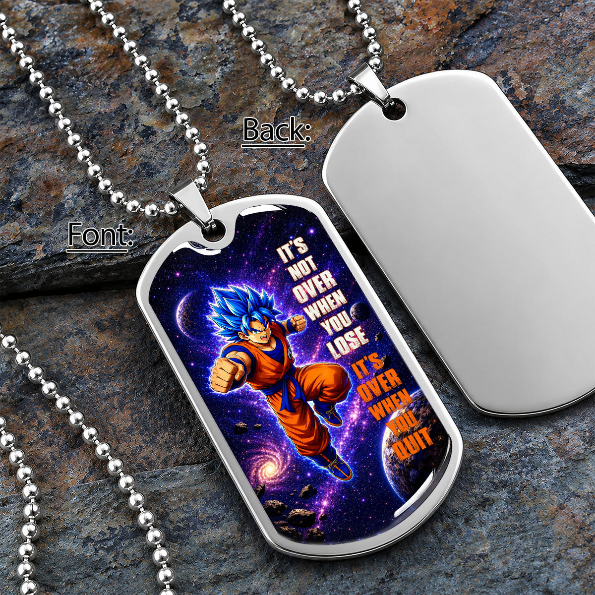 Custom Dragon Ball Saiyan Blue Vegeta Dog Tag Necklace - Motivational Quote “It's Not Over When You Lose” Stainless Steel Pendant - Gift for DBZ Fans - DRDL084
