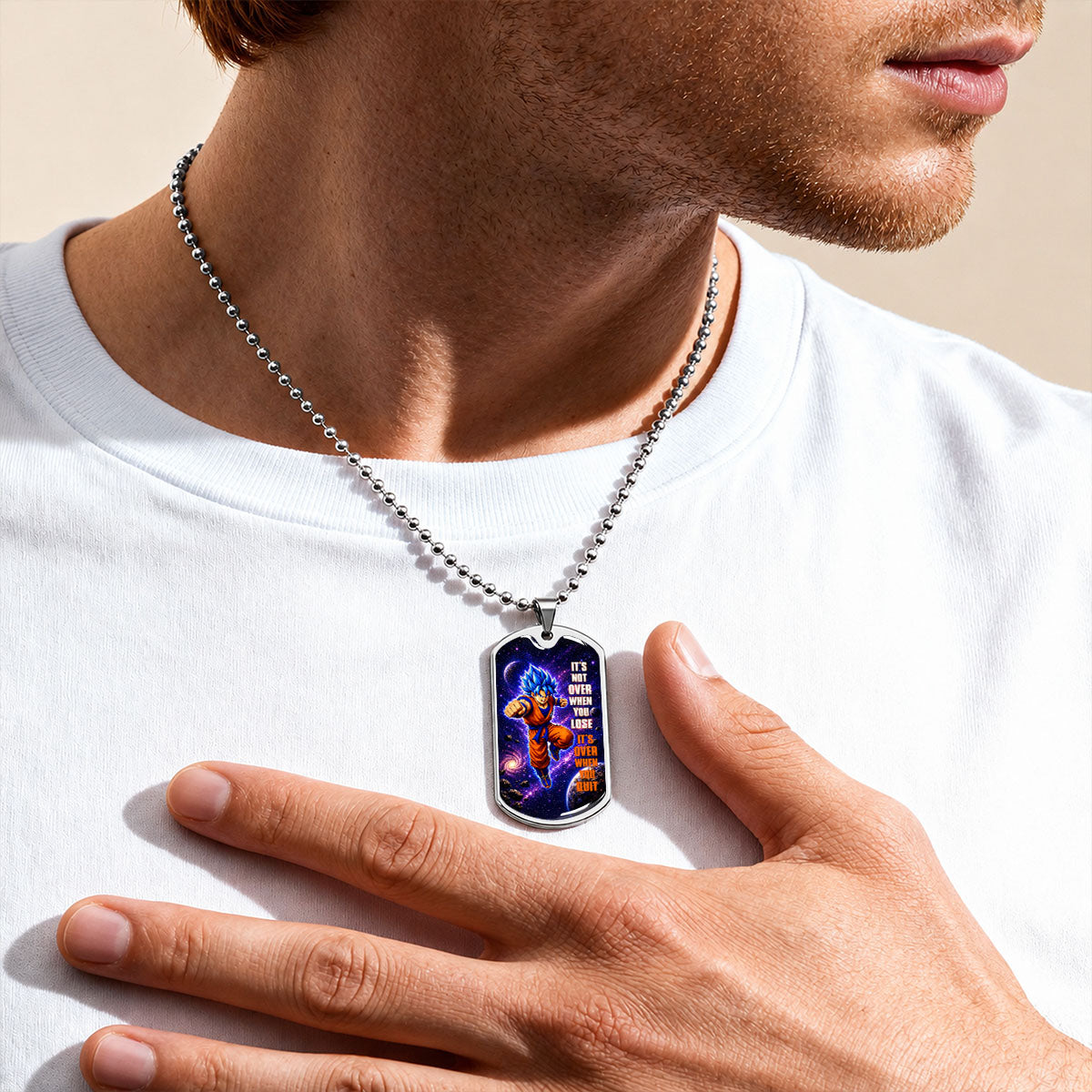 Custom Dragon Ball Saiyan Blue Vegeta Dog Tag Necklace - Motivational Quote “It's Not Over When You Lose” Stainless Steel Pendant - Gift for DBZ Fans - DRDL084