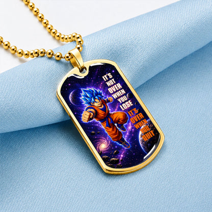 Custom Dragon Ball Saiyan Blue Vegeta Dog Tag Necklace - Motivational Quote “It's Not Over When You Lose” Stainless Steel Pendant - Gift for DBZ Fans - DRDL084
