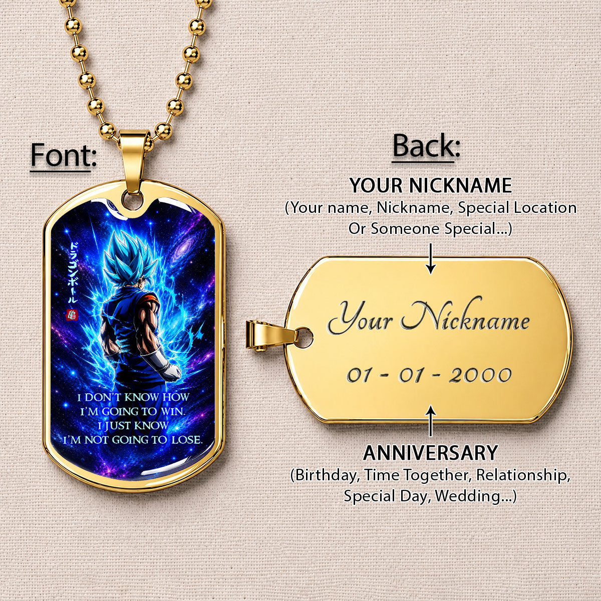 Custom Dragon Ball Saiyan Blue Vegito Dog Tag Necklace - Motivational Quote "I'm Not Going To Lose" Stainless Steel Pendant - Anime Gift for DBZ Fans - DRDL098