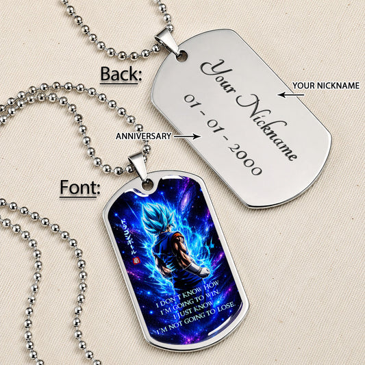 Custom Dragon Ball Saiyan Blue Vegito Dog Tag Necklace - Motivational Quote "I'm Not Going To Lose" Stainless Steel Pendant - Anime Gift for DBZ Fans - DRDL098