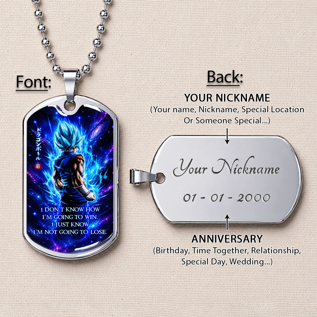 Custom Dragon Ball Saiyan Blue Vegito Dog Tag Necklace - Motivational Quote "I'm Not Going To Lose" Stainless Steel Pendant - Anime Gift for DBZ Fans - DRDL098