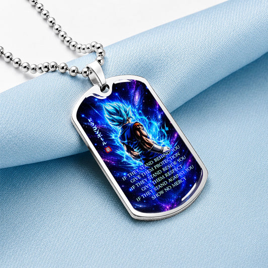 Custom Dragon Ball Super Saiyan Blue Vegito Dog Tag Necklace - Motivational Quote “Show No Mercy” Stainless Steel Pendant - Anime Gift for DBZ Fans - DRDL099