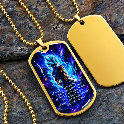 Custom Dragon Ball Super Saiyan Blue Vegito Dog Tag Necklace - Motivational Quote “Show No Mercy” Stainless Steel Pendant - Anime Gift for DBZ Fans - DRDL099