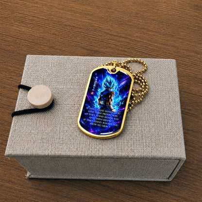 Custom Dragon Ball Super Saiyan Blue Vegito Dog Tag Necklace - Motivational Quote “Show No Mercy” Stainless Steel Pendant - Anime Gift for DBZ Fans - DRDL099