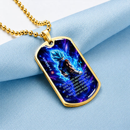 Custom Dragon Ball Super Saiyan Blue Vegito Dog Tag Necklace - Motivational Quote “Show No Mercy” Stainless Steel Pendant - Anime Gift for DBZ Fans - DRDL099