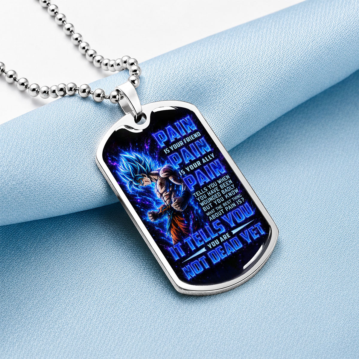 Custom Dragon Ball Super Saiyan Blue Goku Dog Tag Necklace - Motivational Quote “Pain Is Your Friend” Stainless Steel Pendant - Gift for DBZ Fans - DRDL100