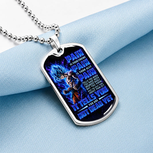 Custom Dragon Ball Super Saiyan Blue Goku Dog Tag Necklace - Motivational Quote “Pain Is Your Friend” Stainless Steel Pendant - Gift for DBZ Fans - DRDL100