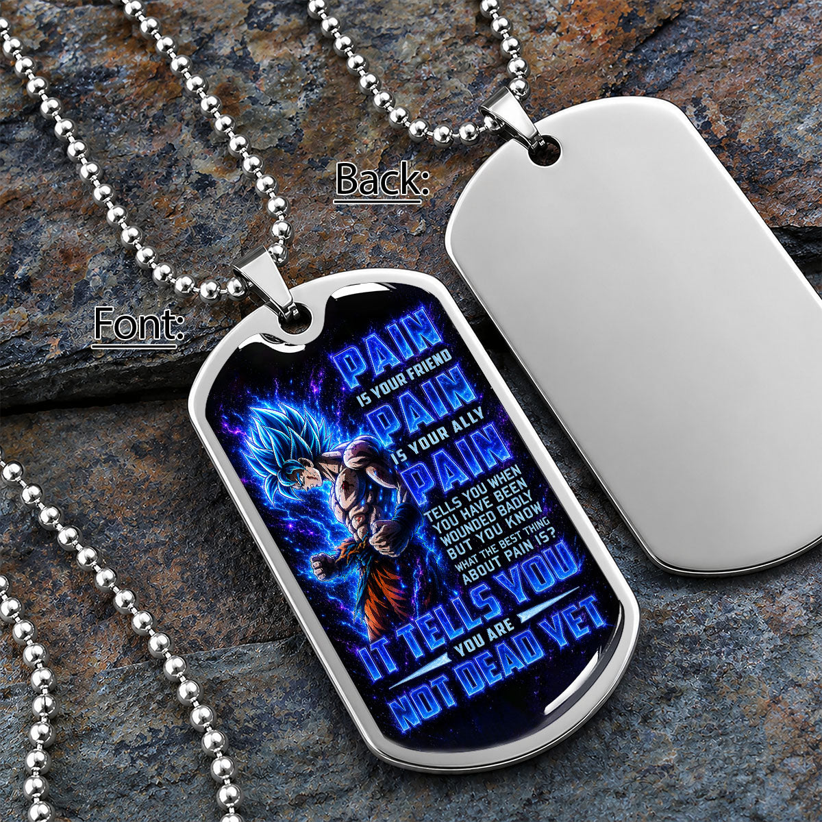Custom Dragon Ball Super Saiyan Blue Goku Dog Tag Necklace - Motivational Quote “Pain Is Your Friend” Stainless Steel Pendant - Gift for DBZ Fans - DRDL100