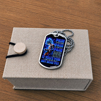 Custom Dragon Ball Super Saiyan Blue Goku Dog Tag Necklace - Motivational Quote “Pain Is Your Friend” Stainless Steel Pendant - Gift for DBZ Fans - DRDL100