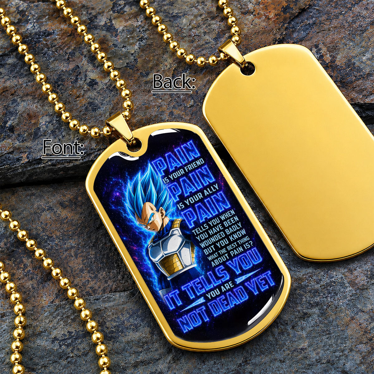 Custom Dragon Ball Super Saiyan Blue Vegeta Dog Tag Necklace - Motivational Quote “Pain Is Your Friend” Stainless Steel Pendant - Gift for DBZ Fans - DRDL102