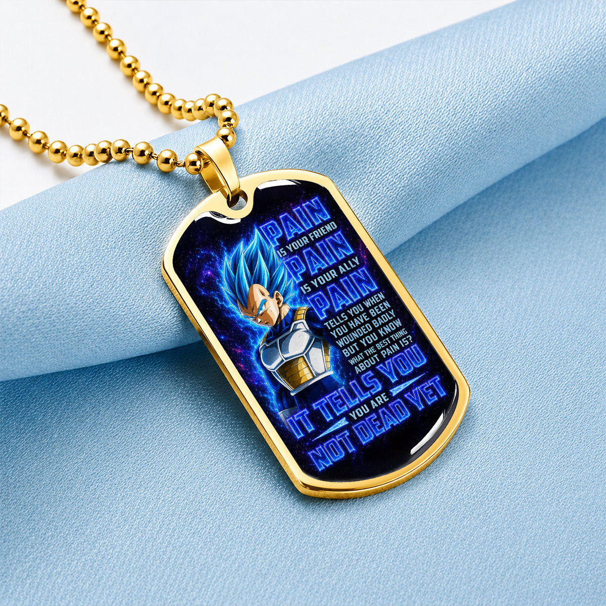 Custom Dragon Ball Super Saiyan Blue Vegeta Dog Tag Necklace - Motivational Quote “Pain Is Your Friend” Stainless Steel Pendant - Gift for DBZ Fans - DRDL102