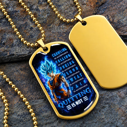 Custom Dragon Ball Super Saiyan Blue Goku Dog Tag Necklace - Motivational Quote “Quitting Is Not” Stainless Steel Pendant - Anime Gift for DBZ Fans - DRDL103