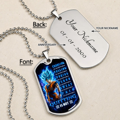 Custom Dragon Ball Super Saiyan Blue Goku Dog Tag Necklace - Motivational Quote “Quitting Is Not” Stainless Steel Pendant - Anime Gift for DBZ Fans - DRDL103