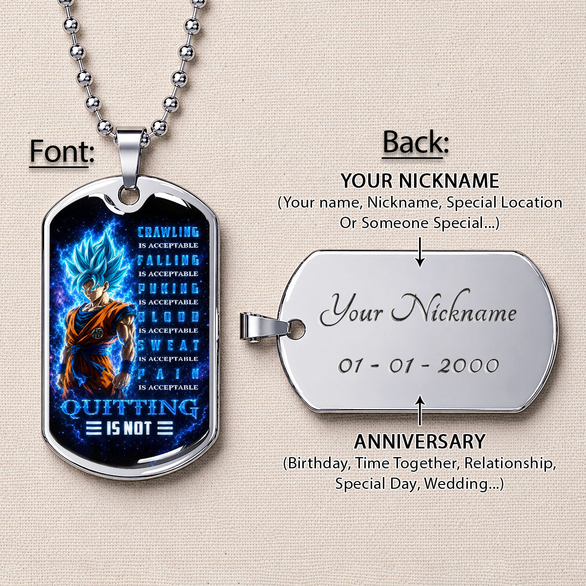 Custom Dragon Ball Super Saiyan Blue Goku Dog Tag Necklace - Motivational Quote “Quitting Is Not” Stainless Steel Pendant - Anime Gift for DBZ Fans - DRDL103