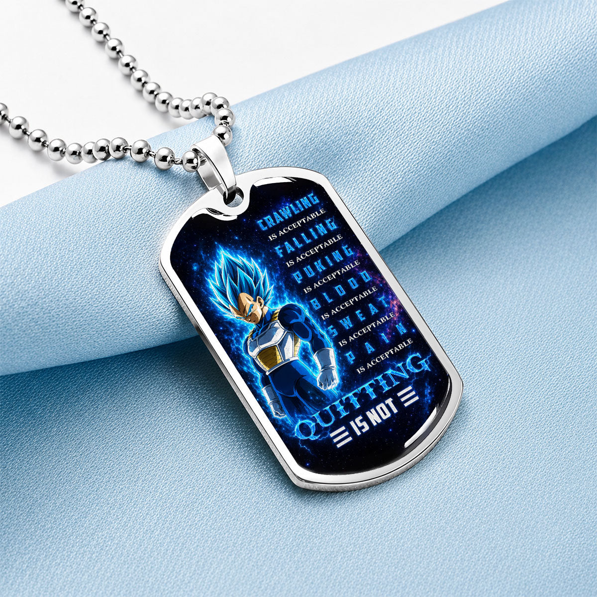 Custom Dragon Ball Super Saiyan Blue Vegeta Dog Tag Necklace - Motivational Quote “Quitting Is Not” Stainless Steel Pendant - Anime Gift for DBZ Fans - DRDL104
