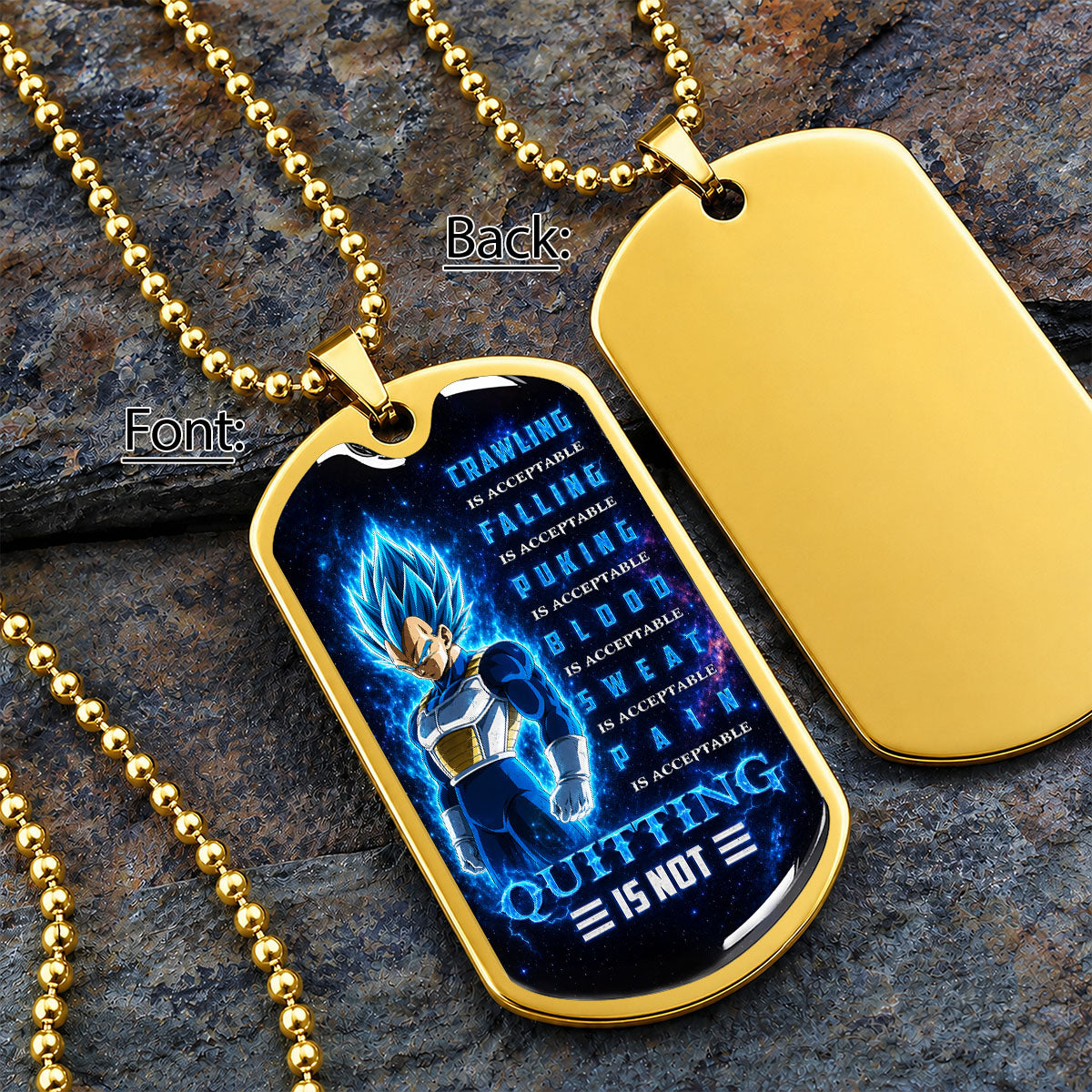Custom Dragon Ball Super Saiyan Blue Vegeta Dog Tag Necklace - Motivational Quote “Quitting Is Not” Stainless Steel Pendant - Anime Gift for DBZ Fans - DRDL104