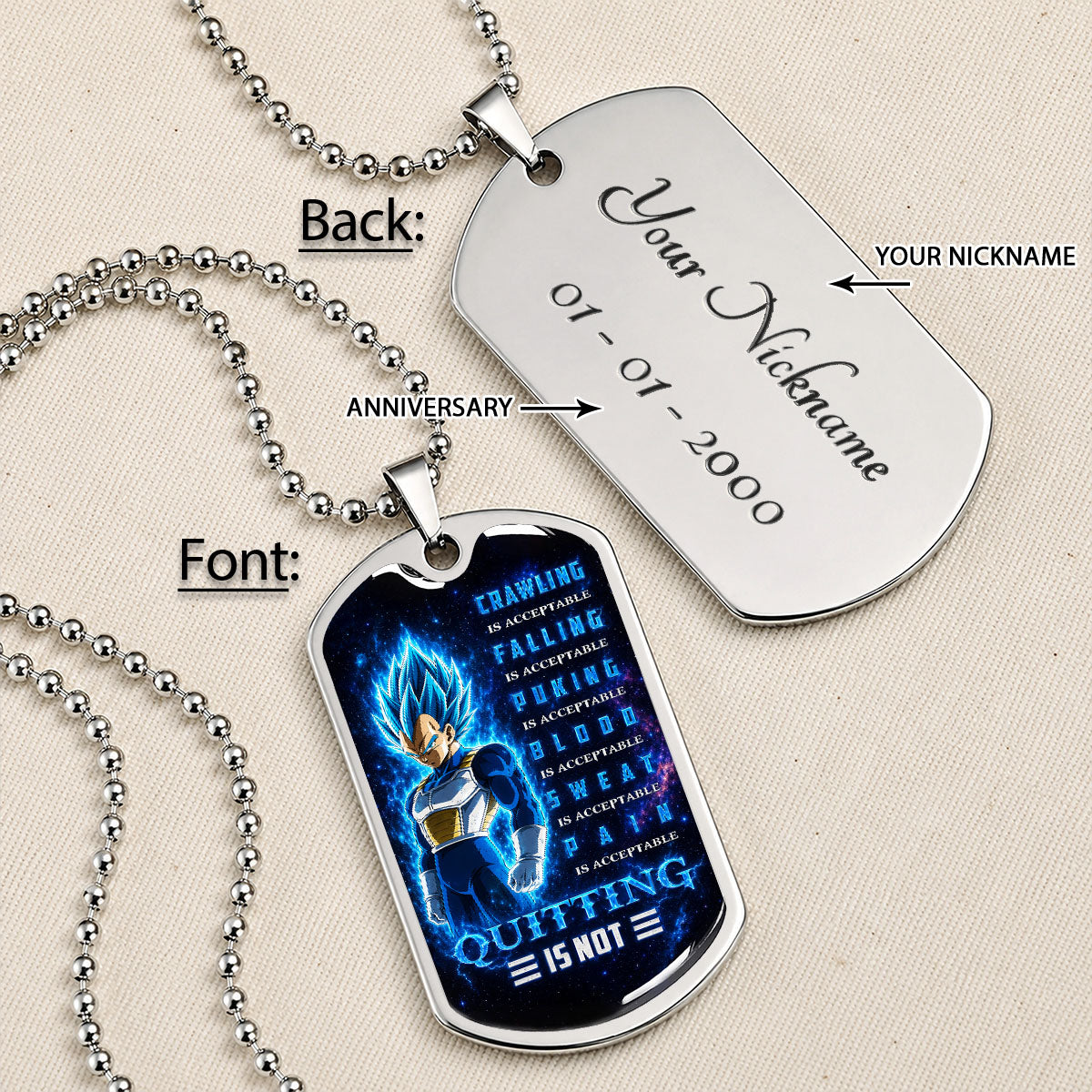Custom Dragon Ball Super Saiyan Blue Vegeta Dog Tag Necklace - Motivational Quote “Quitting Is Not” Stainless Steel Pendant - Anime Gift for DBZ Fans - DRDL104