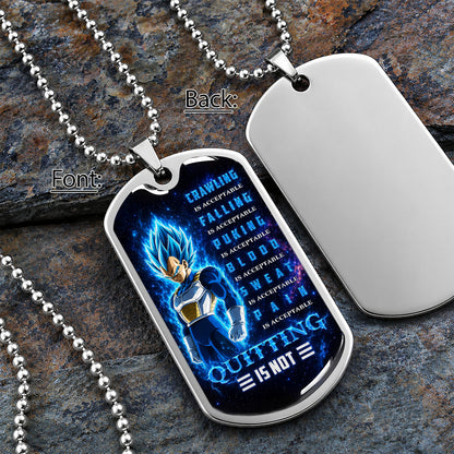 Custom Dragon Ball Super Saiyan Blue Vegeta Dog Tag Necklace - Motivational Quote “Quitting Is Not” Stainless Steel Pendant - Anime Gift for DBZ Fans - DRDL104